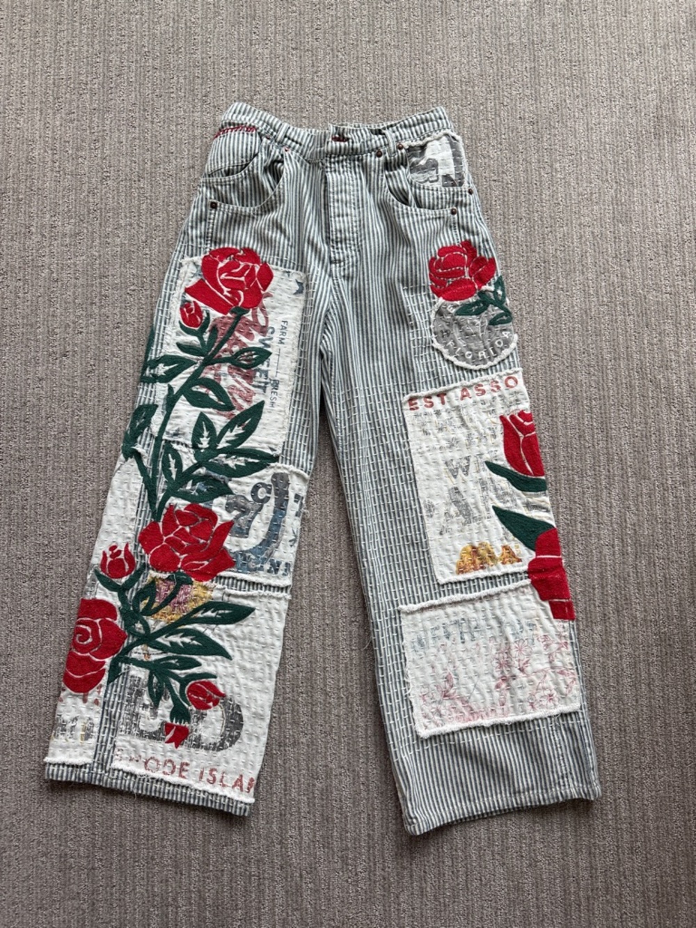 We The Free Striped Wide-Leg Jeans with Red Rose Motif